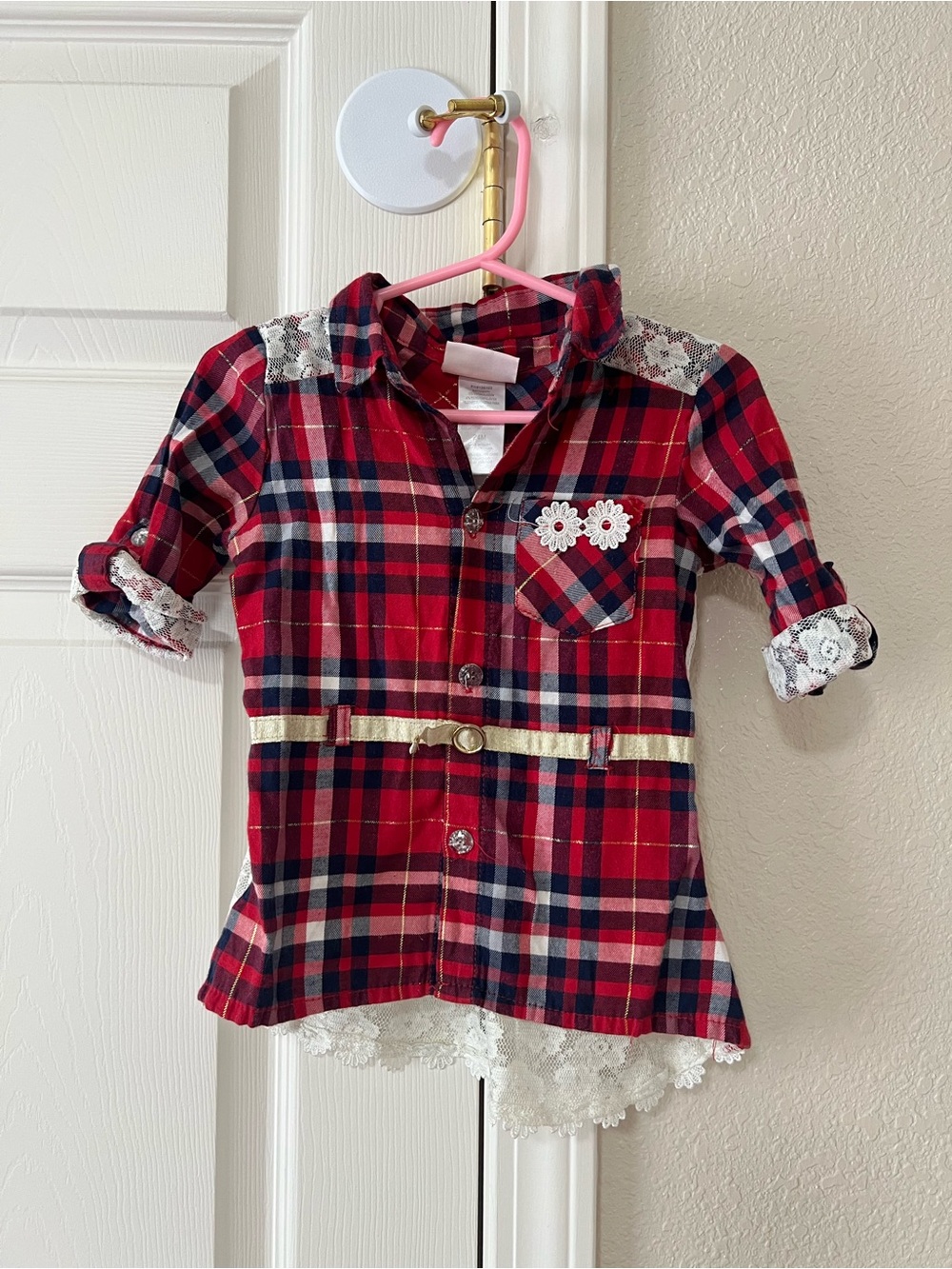 Little Lass Y2K Toddler Plaid Lace Tunic Shirt 24M Red Blue Belted